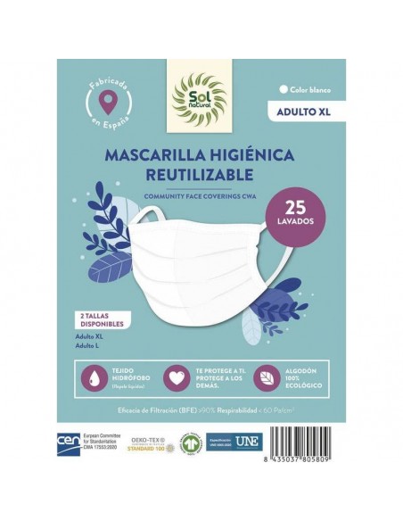 Mascarilla higiénica reutilizable XL SOL NATURAL ADULTO ( +12 AÑOS )