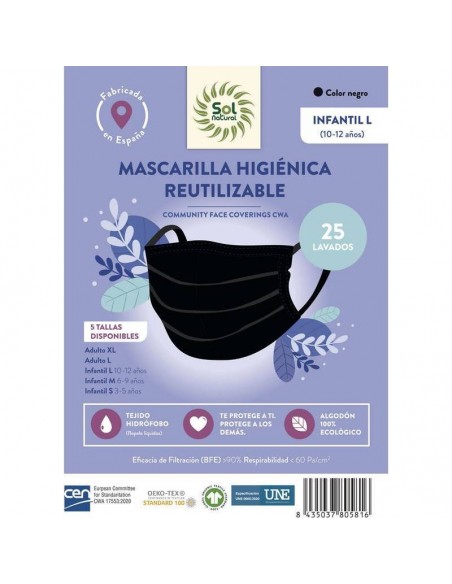 Mascarilla higiénica reutilizable negra SOL NATURAL NIÑO L ( 10-12 AÑOS )