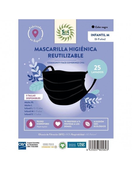 Mascarilla higiénica reutilizable negra SOL NATURAL NIÑO M ( 6-9 AÑOS )
